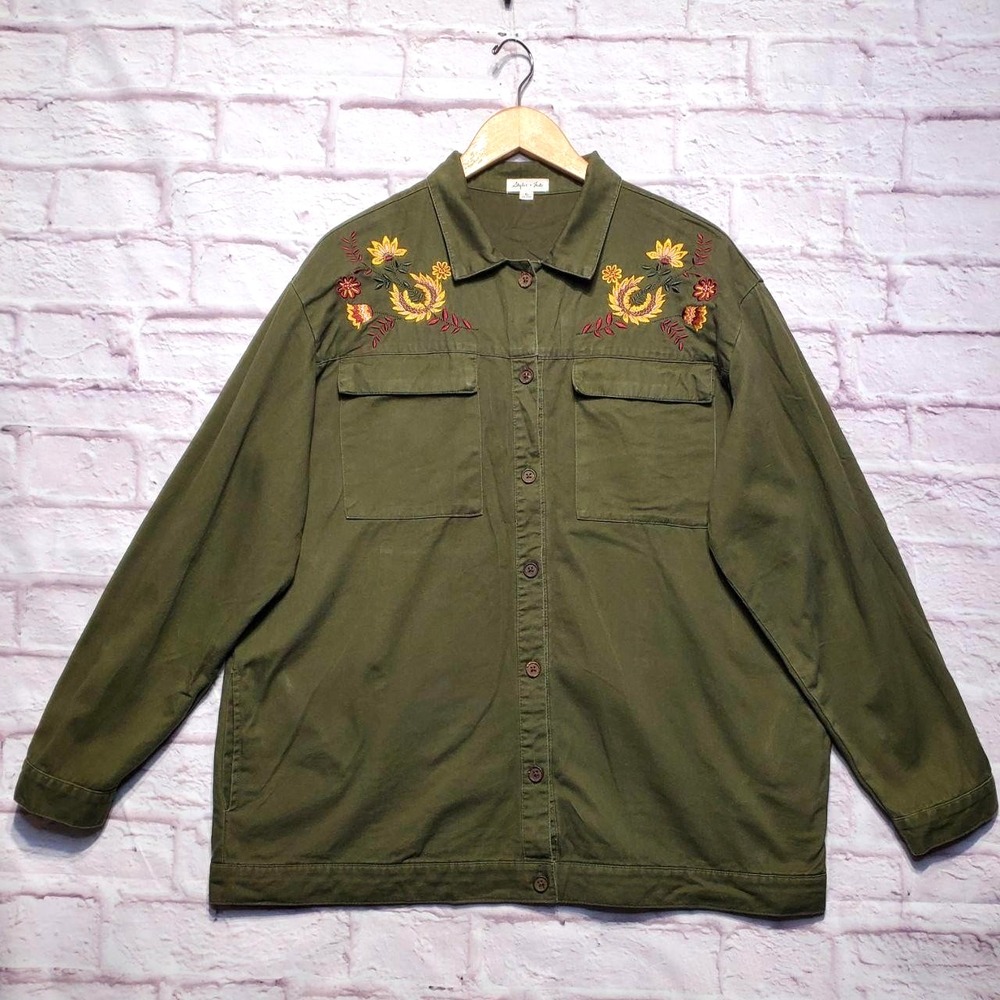 Skylar + Jade Jacket‎ Womens XL Olive Green Embroidered Floral Utility Shacket